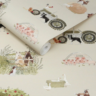 Sophie Allport Farm Friends Hambleton Sage Wallpaper from B&Q