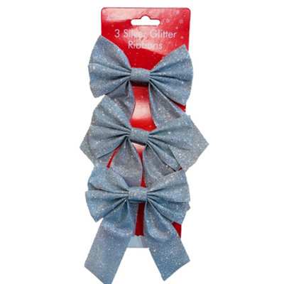 Anker Pack Of 3 Christmas Decorations Gift Wrap Silver Glitter Ribbon Bows from B&Q