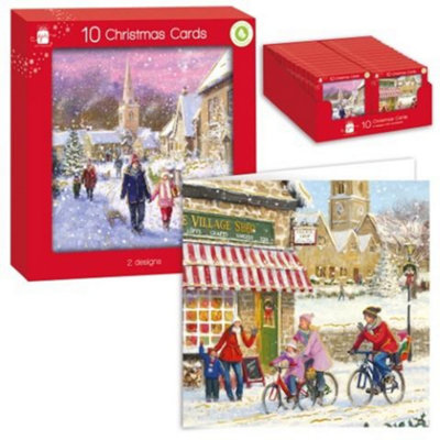  - Pack Of 10 Square Village Scene Design Christmas Cards