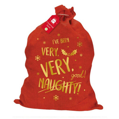 Anker Red Christmas Hessian Sack With Gold Print & Cord from B&Q