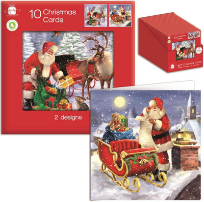 Pack Of 10 Square Traditional Santa With Sleigh Christmas Cards from B&Q