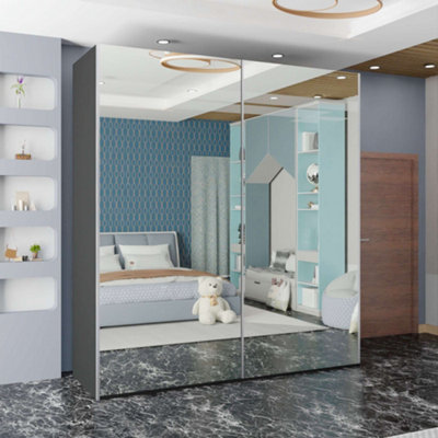 Sliding Wardrobes 4 U LTD Sliding Wardrobes 4U Lowry Full Mirror Sliding 2&3 Door Wardrobe In 3 Color And Sizes - Grey W2000mm,h2170mm