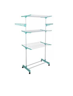 B&Q 4 Tier Clothes Drying Rack Airer Foldable Adjustable Powder Coated Frame Wheel With Two Side Wings Dryer Racks & Shoe Stand Blue