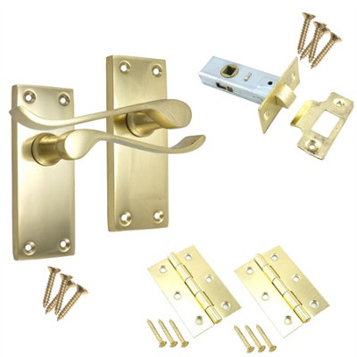 Keypak Interior Passage Bedroom Door Handle Brass 112mm 4 Inch Scroll Latch Handle Tubular Mortice Latch Faceplate Butt Door Hinge from B&Q