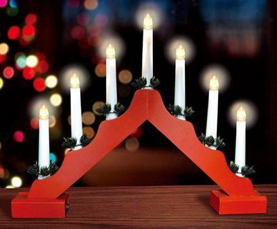 7 Led Wooden Christmas Candle Bridge Battery Operated Indoor Xmas Festive Pre-Lit Warm White Light Window Decoration Arch Red from B&Q