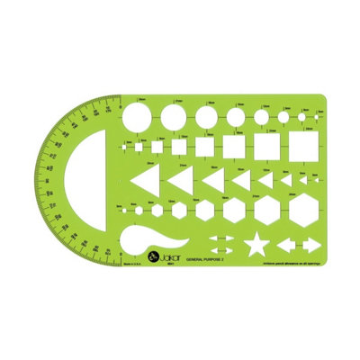 Jakar General Purpose 2 Template Green Acrylic 0.76mm Circles Squares Triangles Hexagons 3-24mm With Protractor 4641 from B&Q