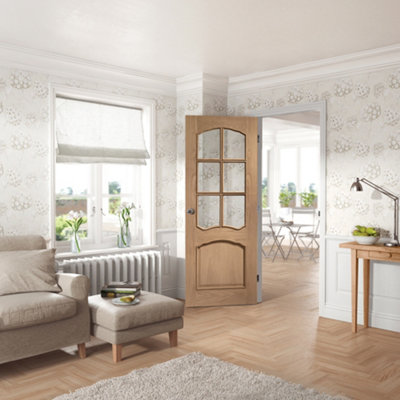 Xl Joinery Internal Riviera Oak Clear Bevelled Glass And Raised Mouldings Door 2040 X 826 X 40mm from B&Q