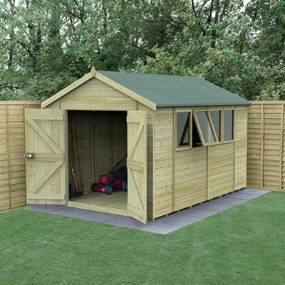 Forest Garden 12X8 Apex Shed Timberdale 25Yr Guarantee Tongue And Groove Pressure Treated - Four Windows - Double Door