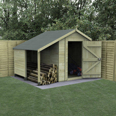 Forest Garden 6X8 Apex Shed Timberdale 25Yr Guarantee Tongue And Groove Pressure Treated No Window With Log Store