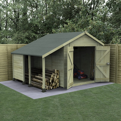 Forest Garden 10X8 Apex Shed Timberdale 25Yr Guarantee Tongue And Groove Pressure Treated No Window - Double Door With Log Store