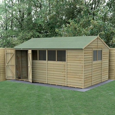 Forest Garden 15X10  4Life Reverse Apex Shed 25Yr Guarantee Overlap Pressure Treated  - Double Door - 6 Windows