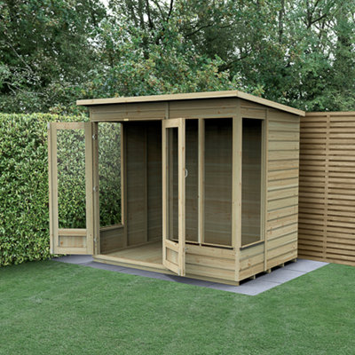 Forest Garden 7X5 Pent Beckwood Summerhouse 25Yr Guarantee Shiplap Pressure Treated - Double Door - 4 Windows