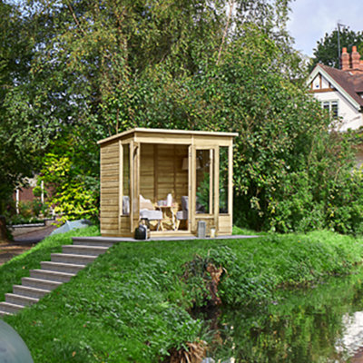 Forest Garden 8X6 Pent Beckwood Summerhouse 25Yr Guarantee Shiplap Pressure Treated - Double Door - 4 Windows