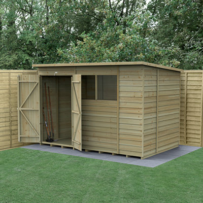 Forest Garden 10X6 4Life Pent Shed 25Yr Guarantee Overlap Pressure Treated - 2 Windows - Double Door