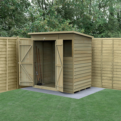 Forest Garden 6X4 4Life Pent Shed 25Yr Guarantee Overlap Pressure Treated - 1 Window - 1 Window - Double Door-31085 