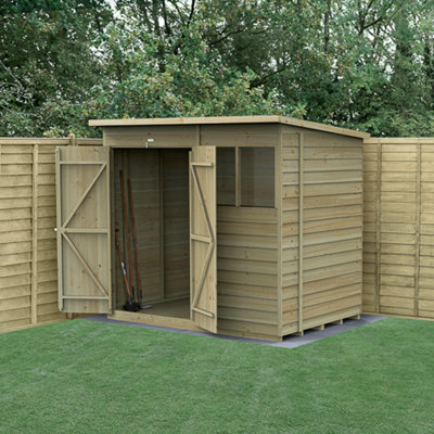 Forest Garden 7X5 4Life Pent Shed 25Yr Guarantee Overlap Pressure Treated - 2 Windows - Double Door-31087 