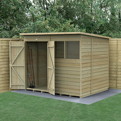 Forest Garden 8X6 4Life Pent Shed 25Yr Guarantee Overlap Pressure Treated - 2 Windows - Double Door