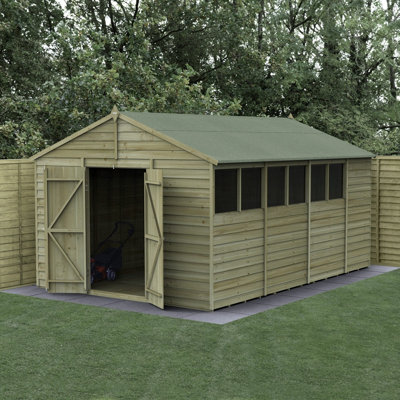 Forest Garden 10X15 4Life Apex Shed Shed 25Yr Guarantee Overlap Pressure Treated - Double Door - 6 Windows