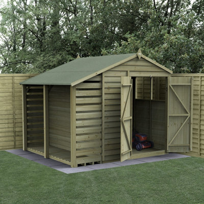 Forest Garden 6X8 4Life Apex Shed 25Yr Guarantee Overlap Pressure Treated - Double Door - 2 Windows -  With Lean-To