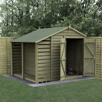 Forest Garden 6X8 4Life Apex Shed 25Yr Guarantee Overlap Pressure Treated - Double Door - No Windows -  With Lean-To