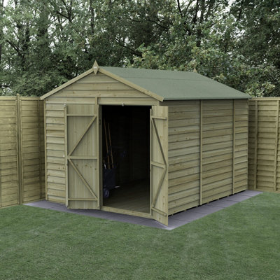 B&Q -  10X8  4Life Apex Shed 25Yr Guarantee Overlap Pressure Treated- Double DoorNo WindowWith Base