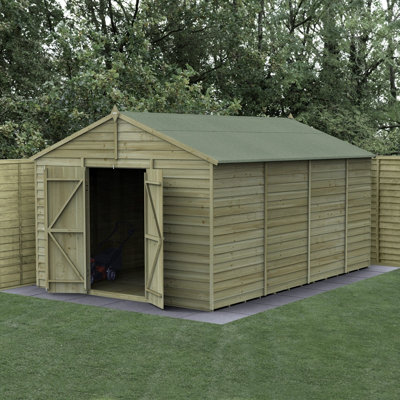 B&Q -  10X15 4Life Apex Shed 25Yr Guarantee Overlap Pressure Treated- Double DoorNo WindowsWith Base