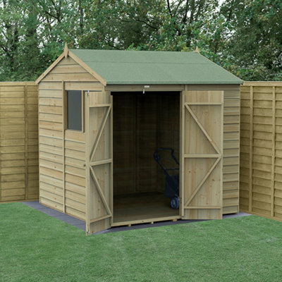 B&Q -  7X7  4Life Reverse Apex Shed 25Yr Guarantee Overlap Pressure Treated Double Door2 WindowsWith Base