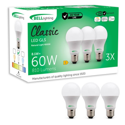 Bell Lighting White Pack E27 Led Classic Gls Bulbs 8.1W 810Lm 60W Equivalent Natural 4000K Dimmable Size 3