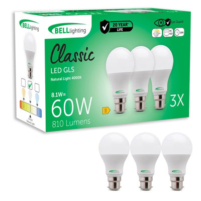 Bell Lighting White Pack B22 Led Classic Gls Bulbs 8.1W 810Lm 60W Equivalent Natural 4000K Dimmable Size 3