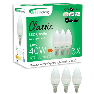 Bell Lighting 3 Pack E14 Candle Opal Bulbs 4.7W 470Lm Energy Saving 40W Equivalent Warm White 2700K Non-Dimmable from B&Q