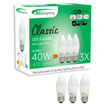 Bell Lighting 3 Pack E27 Candle Opal Bulbs 4.7W 470Lm Energy Saving 40W Equivalent Warm White 2700K Non-Dimmable from B&Q