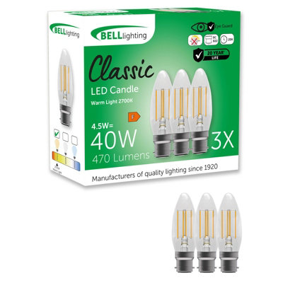 Bell Lighting 3 Pack B22 Filament Candle Bulbs 4.5W 470Lm Warm White 2700K Energy Saving 40W Equivalent Bayonet from B&Q