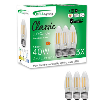 Bell Lighting 3 Pack E27 Filament Candle Bulbs 4.5W 470Lm Warm White 2700K  Energy Saving 40W Equivalent Edison Screw from B&Q