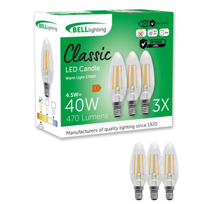 B&Q -  3 Pack E14 Filament Candle Bulbs 4.5W 470Lm Warm White 2700K Energy Saving 40W Equivalent Small Screw