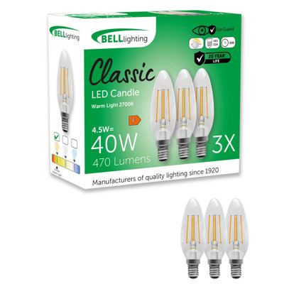 B&Q -  3 Pack Dimmable E14 Filament Candle Bulbs 4.5W 470Lm Warm White 2700K Energy Saving 40W Equivalent