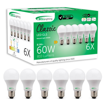 Bell Lighting White Pack E27 Led Classic Gls Bulbs 8.1W 810Lm Natural 4000K 60W Equivalent Dimmable Edison Bulbs Size 6