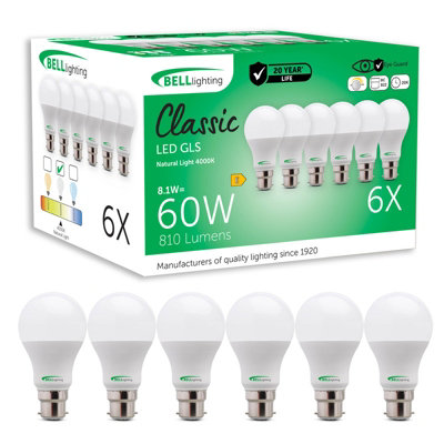 Bell Lighting White Pack B22 Led Classic Gls Bulbs 8.1W 810Lm Natural 4000K 60W Equivalent Dimmable Bayonet Bulbs Size 6