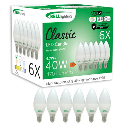 Bell Lighting 6 Pack Dimmable E14 Led Candle Bulbs 4.7W 470Lm Warm White 2700K Energy Saving 40W EquivalentSmall Screw from B&Q