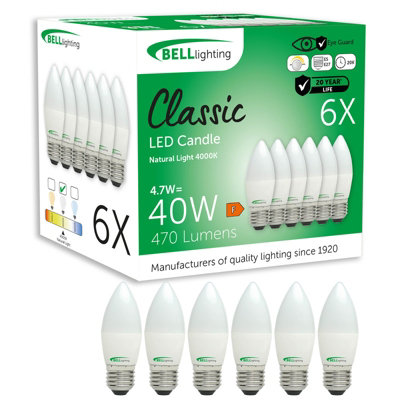 Bell Lighting 6 Pack E27 Ledcandle Opal Bulbs 4.7W 470Lm Natural White 4000K 40W Equivalent Dimmable Edison Screw Bulbs from B&Q