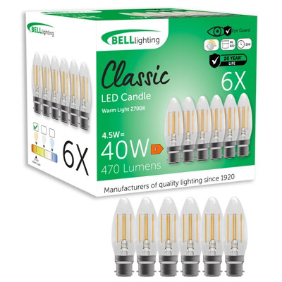 Bell Lighting 6 Pack Dimmable B22 Filament Candle Led Bulbs 4.5W 470Lm Warm White 2700K Energy Saving 40W Equivalent Bayonet from B&Q