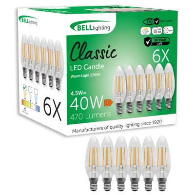 B&Q -  6 Pack Dimmable E14 Filament Candle Bulbs 4.5W 470Lm Warm White 2700K Energy Saving 40W Equivalent Small Screw