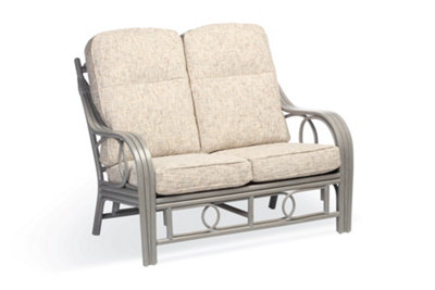 Desser Madrid Grey Natural Rattan 2 Seater Conservatory Sofa Real Cane Wicker Indoor Settee With Uk Sewn Cushion In Farrow Fabric