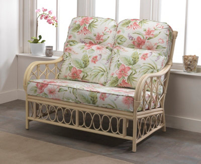 Desser Morley Natural Rattan 2 Seater Conservatory Sofa Real Cane Rattan Indoor Settee With Uk Sewn Cushion In Blossom Fabric