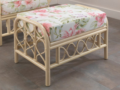 Desser Morley Natural Rattan Footstool Real Cane Indoor Cushioned Footrest With Uk Sewn Cushion In Blossom Fabric