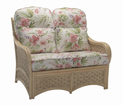 Desser Chelsea Natural Rattan 2 Seater Conservatory Sofa Real Cane Rattan Indoor Settee With Uk Sewn Cushion In Blossom Fabric