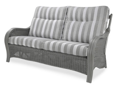 B&Q -  Turin Grey 3 Seater Conservatory Sofa Real Cane Natural Rattan Indoor Sofa With Uk Sewn Cushions In Duke Grey Stripe Fabric