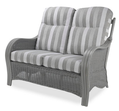 Desser Turin Grey 2 Seater Conservatory Sofa Real Cane Natural Rattan Indoor Settee W/ Uk Sewn Cushion In Duke Grey Stripe Fabric