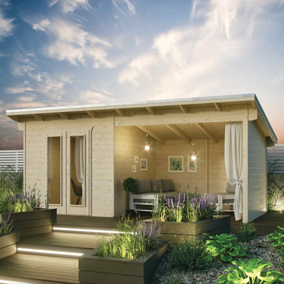 B&Q -  Oasis 19X10 Ft Toughened Glass Pent Wooden Cabin With Double Door