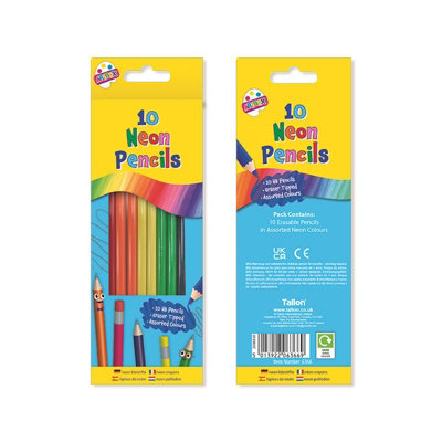 Tallon 10 Pack Neon Rubber Tip Hb Pencils Neon Colours Built In Erasers Smooth Writing Versatile Use Ten Coloured Eraser