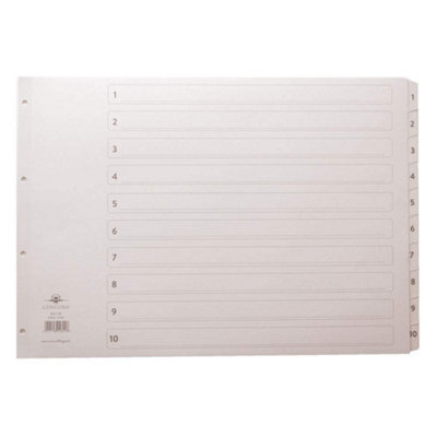Concorde Concord Classic Index Mylar-Reinforced Oblong Punched 4 Holes 1-10 A3 White Ref 04601/cs46 from B&Q
